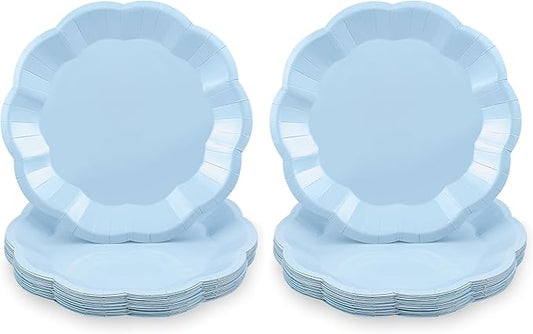NatNarr 30 pcs Light Blue Plates 7 inch Scalloped Blue Dessert Cake Plates Cute Plate Disposable Party Plate for Weeding, Birthday, Baby Shower (Pack of 2)