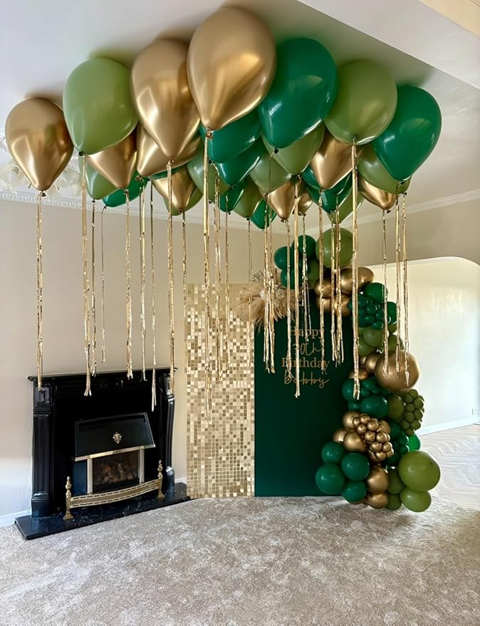 Green and Gold Latex Balloons, 60pcs 12 Inches Metallic Green Gold Confetti Balloons with 1 Ribbon for Graduation, Jungle, Birthday, Baby Shower Party Decorations