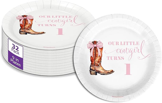 Pink Bows Cowgirl First Birthday - 32 Piece Disposable Party Supplies - Decorations for Girl's 1st Birthday Round Party Plates - Large 9" Paper Plates In Bulk