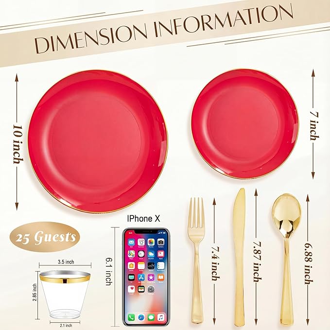 WDF 150Pcs Red Plastic Plates - Red Plates Disposable - 25Guest Dinnerware Include 25 Dinner Plate, 25 Dessert Plate, 75 Cutlery & 25 9oz Cups for Wedding/Birthday/Bridal Shower