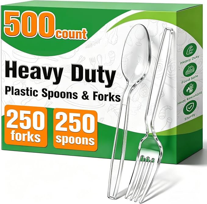 500 Count Plastic Silverware Heavy Duty,Clear Plastic Forks and Spoons, 250 PlasticSpoons & 250 Forks,BPA-Free,Heat Resistant Disposable Cutlery Utensil Set for Catering & Events, Daily Use