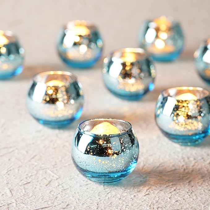 Homemory 24 Pcs Blue Votive Candle Holders, Round Mercury Glass Candle Holder, Tealight Candle Holders for Table Centerpieces, Baby Showe, Anniversary, Wedding, Home Decor, Halloween, Christmas