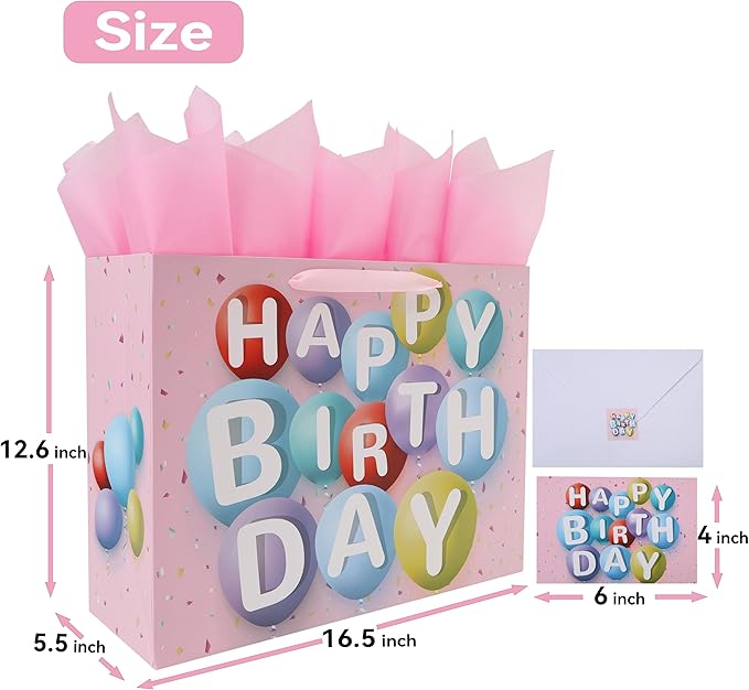 wishinside 16.5” Extra Large Happy Birthday Gift Bag Set with Handles, Greeting Card, Tissue Papers and Stickers for Girls Kids Women, Colorful Balloon Design, 1 Pcs