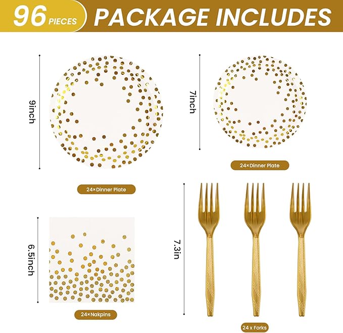 96PCS White and Gold Plates and Napkins Party Supplies, Gold Dot Disposable Party Paper Plates and Napkins with Forks Tableware Set for Wedding Baby Shower Birthday Party Decorations 24 Guests