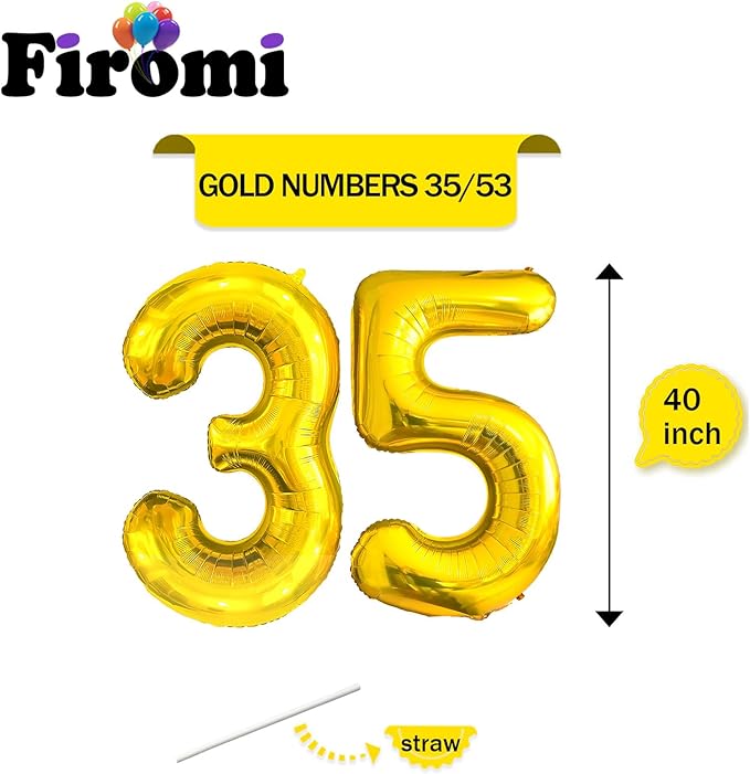 FIROMI 40 Inch Large Gold 35 Big Number Balloons Giant Huge Foil Mylar 35 or 53 Balloon Numbers for 35th Birthday Party Anniversary Events Decorations