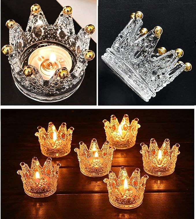 Vixdonos Votive Candle Holders Set of 6 Crown Glass Tealight Candle Holder for Wedding, Party and Home Decor (Gold Tips)