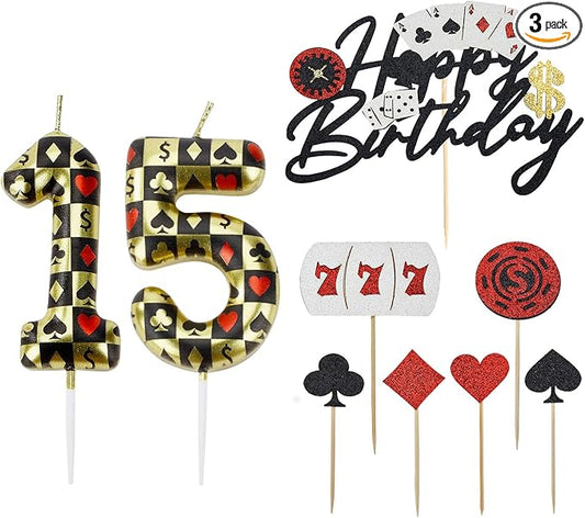 Casino Birthday Number Candles for Cake, Poker Birthday Candles for Casino Themed Birthday Party Decoration, Glitter Casino Birthday Cake Topper for Casino Night Theme Birthday Cake(Number 15 & 51)