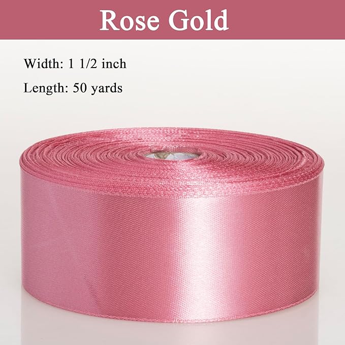 YASEO 1 1/2 Inch Rose Gold Solid Satin Ribbon, 50 Yards Craft Fabric Ribbon for Gift Wrapping Floral Bouquets Wedding Party Decoration