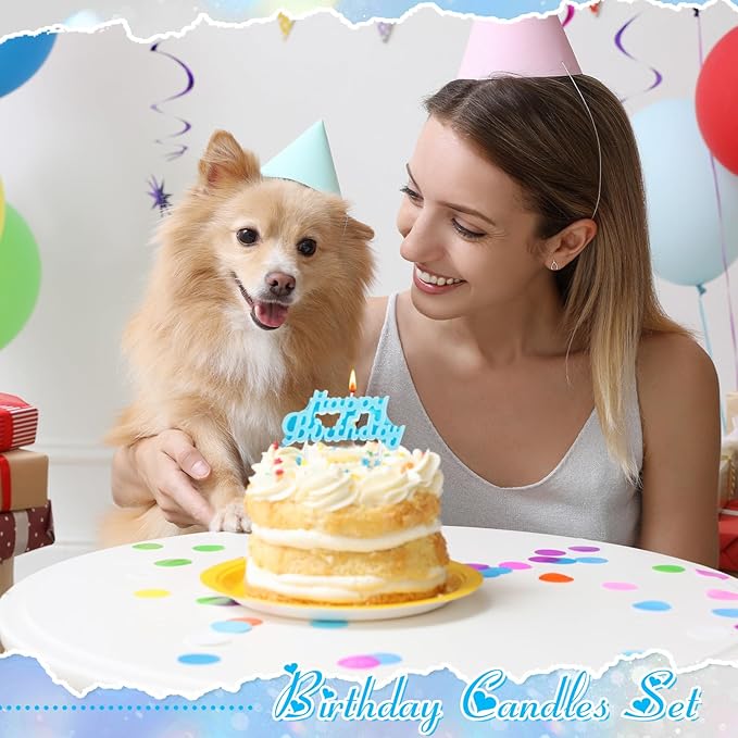 MTLEE Happy Birthday Candles Letter Cake Topper with 10 Pcs 2.95 Inch Short Thin Spiral Candles for Cake Topper Birthday Decoration Party Supplies(Blue)