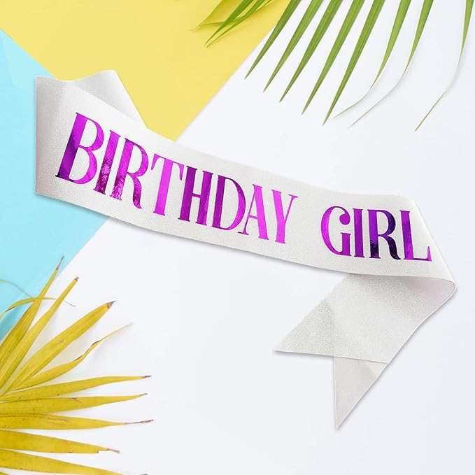 Birthday Sash for Girl, Purple Foil Letter Glitter White Birthday Girl Sash for 10th 11th 13th 16th 18th 21st Bday Gifts Party Suppiles Favors