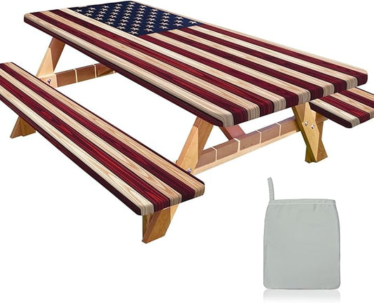 Picnic Table Cover with Bench Covers Portable Table Cloth Built-in Storage Pocket Fitted Tablecloth with Elastic Edges Waterproof Camping Essentials for Indoor Outdoor Rv,72in, American Flag
