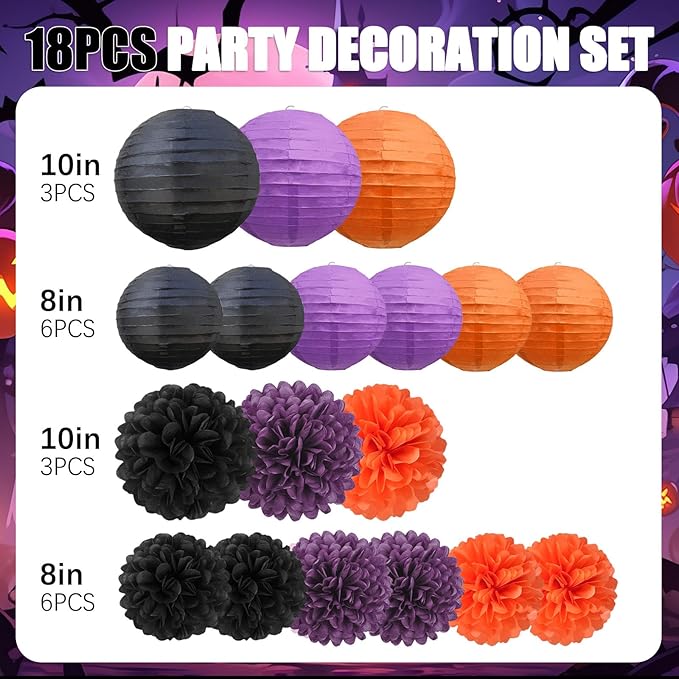 18 PCS Black Orange Purple Paper Lanterns & Tissue Paper Pom Poms for Halloween Birthday, Wedding, Hanging Paper Party Decoration Set for Indoor Outdoor Fall Celebration