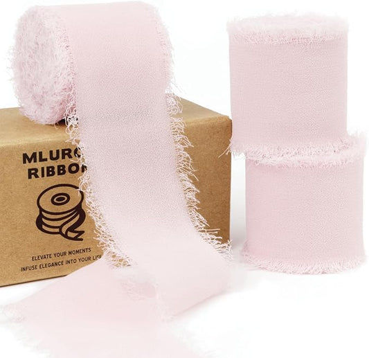 ICY Pink Chiffon Ribbon 1-1/2 Inch x 21 Yards Handmade Fringe Chiffon Silk Ribbon Frayed for Wedding Invitation, Bridal Flower Bouquets, Gift Wrapping