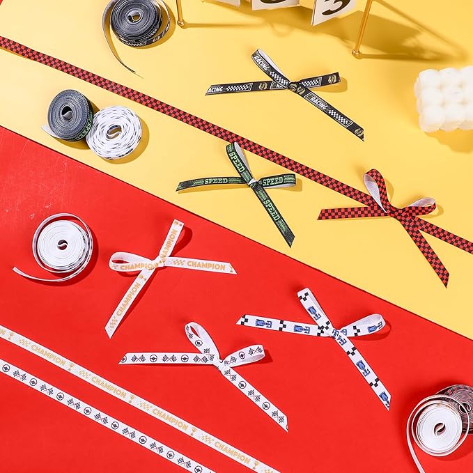 6 Pieces Racing Ribbon 3/8 Inch x 30 Yards Grosgrain Ribbons Checkered Flag Race Car Patterns Ribbon Motorsport Gift Wrapping Ribbons for Sports Awards Party Decoration Racing Events