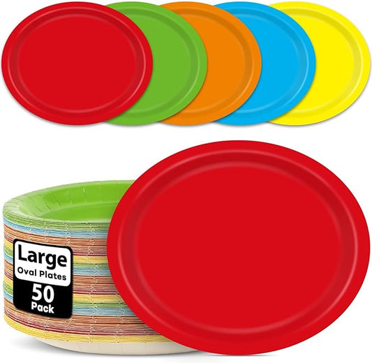 Qyeahkj 50 PCS Colorful Oval Paper Plates 11" Large Colorful Rainbow Party Supplies,5 Classic Colors Disposable Platter for BBQ Gathering Picnic Burger Cookout Tray Dinner Carnival Birthday Tableware