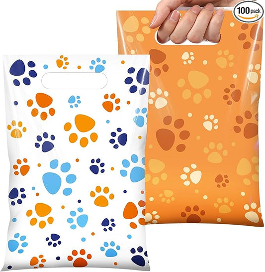 Pasimy 100 Pcs Dog Paw Gift Bags Bulk Pet Paw Puppy Plastic Treat Favor Candy Goodie Bags with Handle for Dog Birthday Party Decoration Supplies(Orange White)
