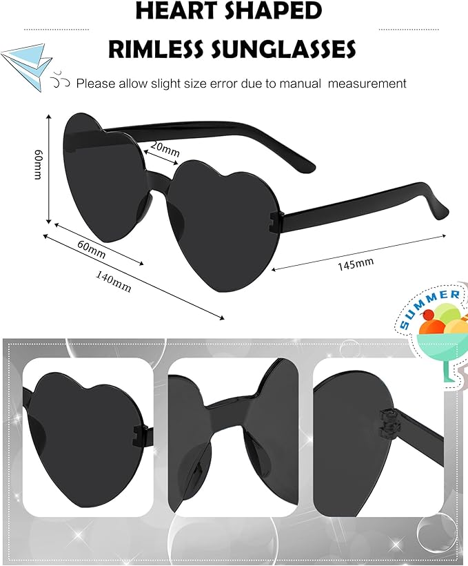 20 Pairs Heart Shaped Sunglasses Bulk, Colorful Rimless Fun Heart Sunglasses for Women Party Favors