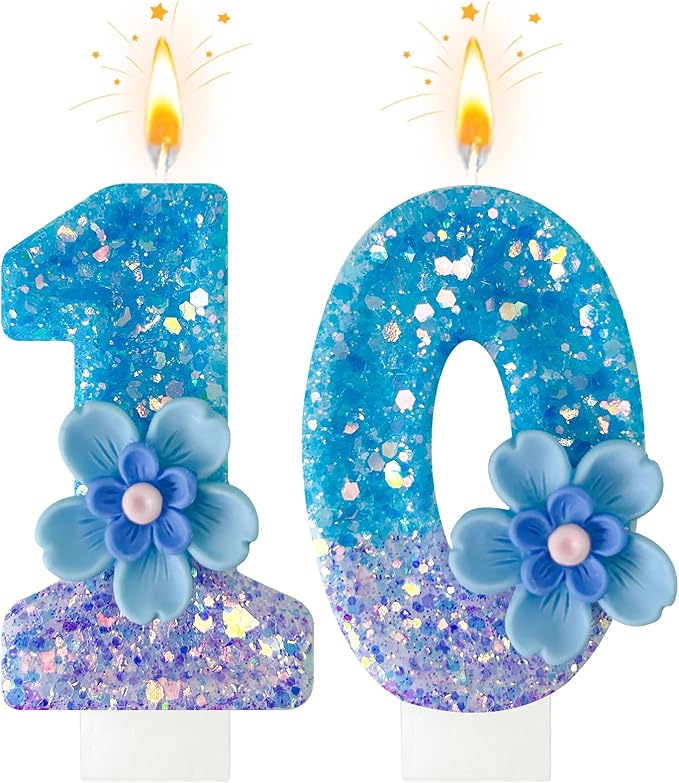 Blue Purple Flower Birthday Number Candles, Flower Theme Party Decorations, Cupcake Decorations, Suitable for Party Celebrations, Boys and Girls Birthday Decorations（10）