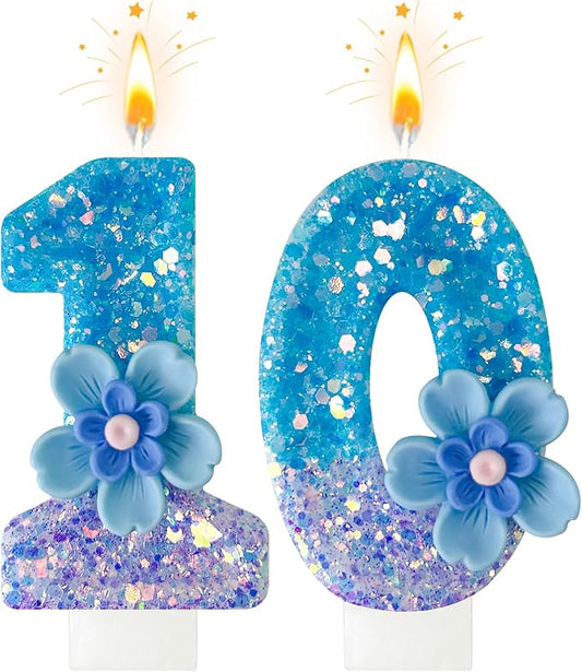 Blue Purple Flower Birthday Number Candles, Flower Theme Party Decorations, Cupcake Decorations, Suitable for Party Celebrations, Boys and Girls Birthday Decorations（10）