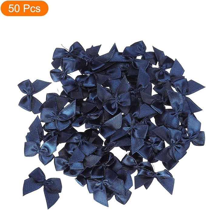 MECCANIXITY 50 Pcs Mini Ribbon Bow 1" Mini Fabric Satin Ribbon Flower Bows for Craft DIY Sewing Wedding Birthday Party Gift Wrap Bows Navy Blue