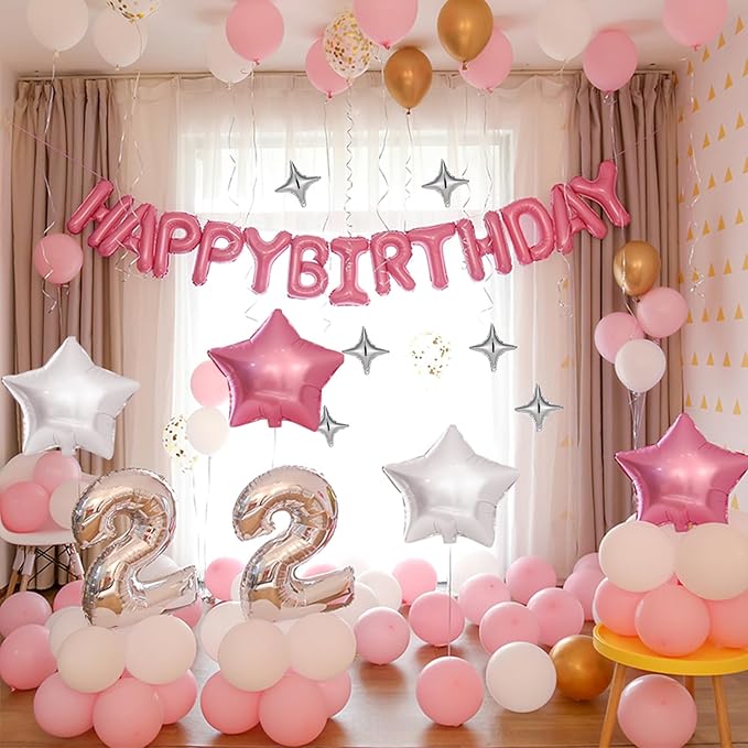 CANREVEL Happy Birthday Banner 13pcs 16 Inch Mylar Foil Letters Sign with 8pcs Star Balloons Birthday Party Decorations for Kids and Adults - 3D Pink