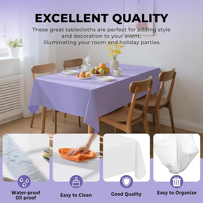 6 Pack Premium Disposable Plastic Tablecloth 54" x 108" Party Table Cloths Disposable for 6 to 8 Foot Tables Indoor or Outdoor Parties Birthdays Weddings Christmas Anniversary Buffet Table (Purple)