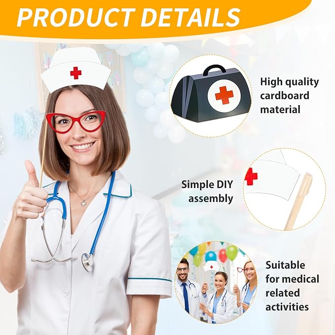 40 Pcs Professional Medical Photo Booth Props Kit for Adult Events, Dental Office Celebrations, Doctor & Nurse Graduation, Hospital-Themed Photoshoot Accessories with Wooden Sticks