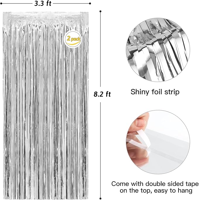 Silver Metallic Tinsel Foil Fringe Curtains Backdrop 2Pack 3.3x8.3Ft Silver Party Streamers for Birthday Party Decorations Halloween Christmas Decors Foil Curtain Backdrop for Bachelorette Wedding