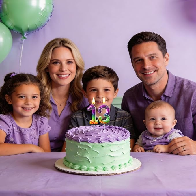 Number 3 Birthday Candle for Cake – Purple Green Flame Design with Lightning & Tire Track Pattern – Off-Road Truck Theme Cake Topper for Birthday Party Decoration
