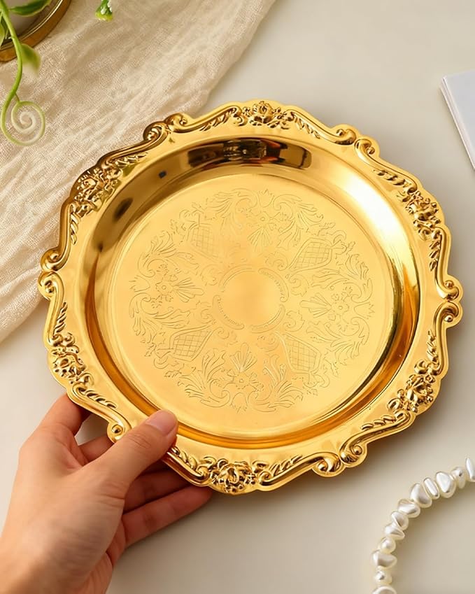 Gold Decorative Tray Set of 2, 8'' Round Vintage Metal Vanity Tray for Perfume, Small Ornate Jewelry Dish, Bathroom Counter Organizer, Coffee Table Decor