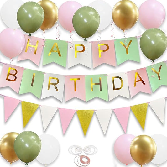 Happy Birthday Banner, Happy Birthday Decorations for Girls, 16 Pcs 12in Balloons with Banner Bunting and 3 Ribbons for Men Women Girls and Boys Birthday Party Decorations(Green Pink)
