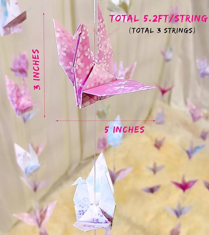 Pink Cherry Blossom Crane Paper Hanging Garland(3stringsX 5.2ft), Japanese Origami Bird Streamers, Sakura Flower for Bridal Shower, Baby Shower Birthday Party Supplies. Garden Ceiling Decor