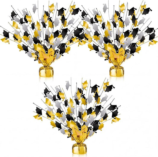 Juexica 3 Pcs 2026 Metallic Burst Table Centerpiece Mini Grad Caps Foil Spray Black Gold Silver Graduation Party Glitter Tableware Decorations for High School College Congrats Dinner Decor 14"