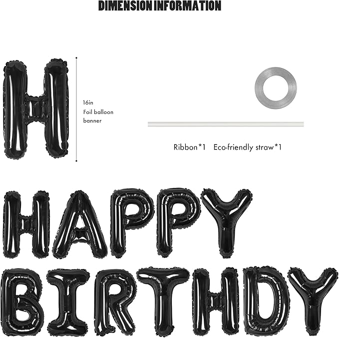 CANREVEL Happy Birthday Banner 13pcs 16 Inch Mylar Foil Letters Sign Balloons Birthday Party Decorations for Kids and Adults - 3D Black