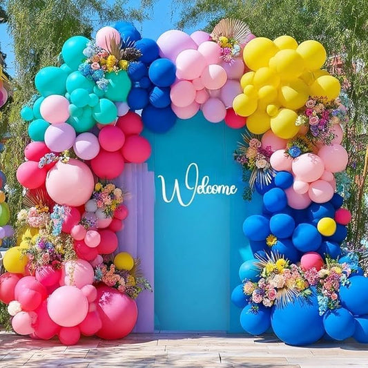 Hot Pink Blue Yellow Balloon Garland, Double Stuffed Royal Blue Teal Lavender Balloons Pastel Balloon Arch Kit for Tropical Hawaii Kid Magic Baby Shower Birthday Engagement Party Decorations