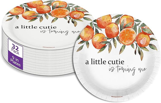 Little Cutie First Birthday - 32 Piece Disposable Party Supplies - Decorations for Orange 1st Birthday Round Party Plates - Large 9" Paper Plates In Bulk