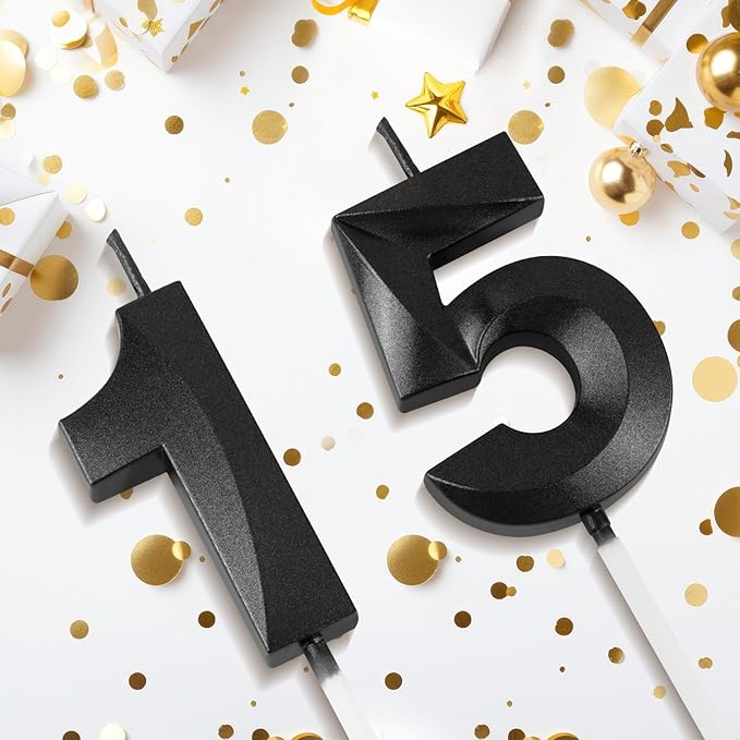 Number 15 Birthday Candles, 1.96 Inch Happy Birthday Cake Candles Cupcakes Topper Decoration for Birthday Party Wedding Anniversary Celebration Supplies (Black)