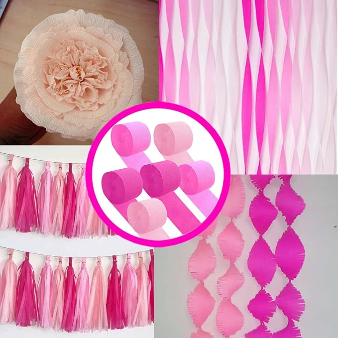 Pink Crepe Paper 6 Pcs Streamers for Party Decorations, Birthday Wedding DIY Crafts, Gift Wrapping Supplies