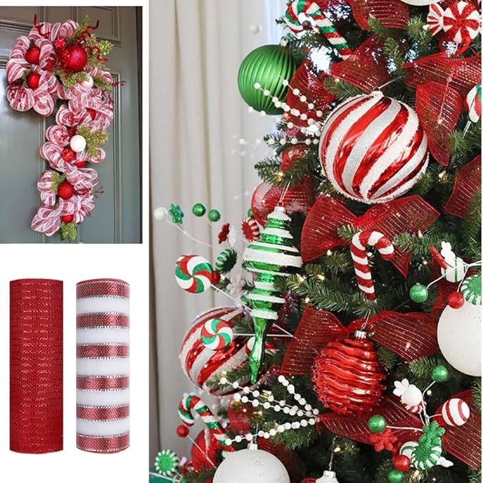 3 Rolls Red Green Deco Mesh Ribbon for Wreath Making Supplies, 10 Inch x 30FT Metallic Foil Burlap Deco Mesh Fabric for Christmas Tree New Year Winter Door Wreath Swags and Decorating