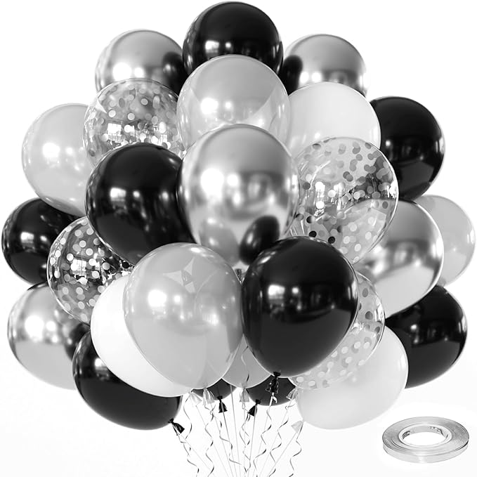 Zesliwy Black Silver Balloons Set,50pcs 12inch Metallic Silver Black White Pearl Silver Balloon with Confetti Latex Balloons for Birthday Wedding Graduation Anniversary Party Decorations