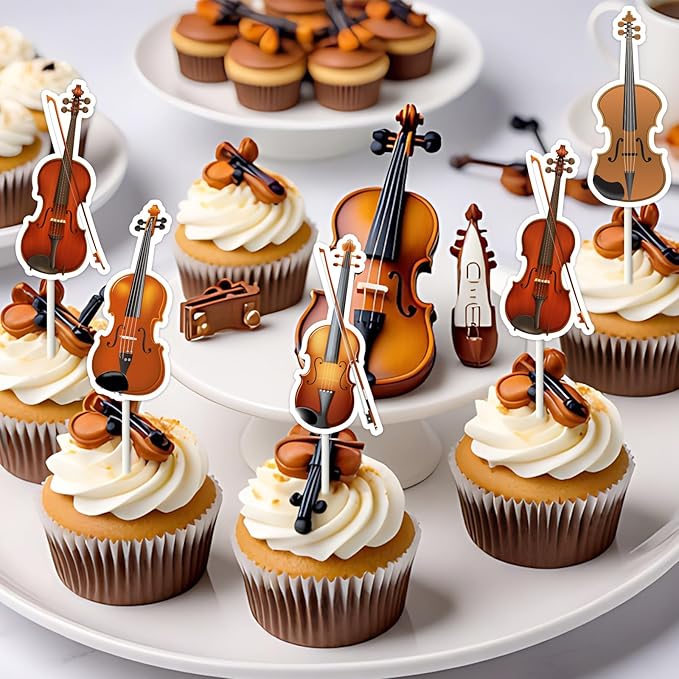 Violin Themed Party Decorations - 36pcs Violin Cupcake Toppers, Double-Sided Printed Violin Cake Decorations for Musical Instrument Themed Birthday Baby Shower Wedding Party Supplies