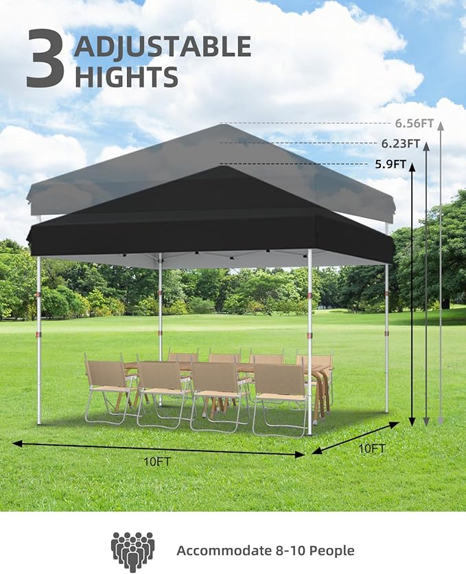 Garvee 10x10 Pop Up Canopy Tent, Instant Portable Commercial Canopy Tent,Easy Outdoor Sun Shade for Events, Parties, Camping, Black