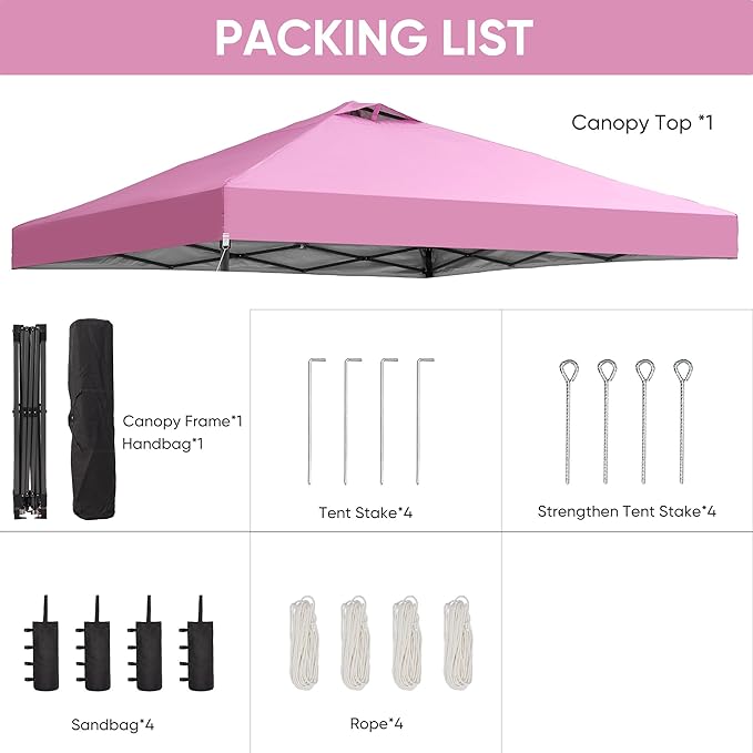 GDY 10x10 Pop Up Canopy Patio Carpas, One Push Set up with Central Lock Canopy with Hand Carry Bag, Included 4 Sandbaogs,8 Stakes and 4 Ropes, Pink