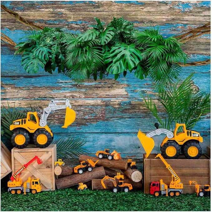 Kate 8x8ft Engineering Vehicle Toy Car Decoration Background Photo Studio Blue Weathered Wooden Spring Green Plants Photographic Backdrops Children Boy Birthday Party Props Backdrop