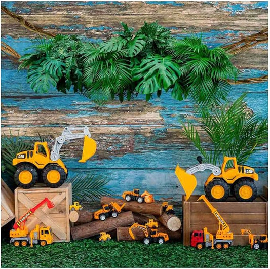 Kate 8x8ft Engineering Vehicle Toy Car Decoration Background Photo Studio Blue Weathered Wooden Spring Green Plants Photographic Backdrops Children Boy Birthday Party Props Backdrop
