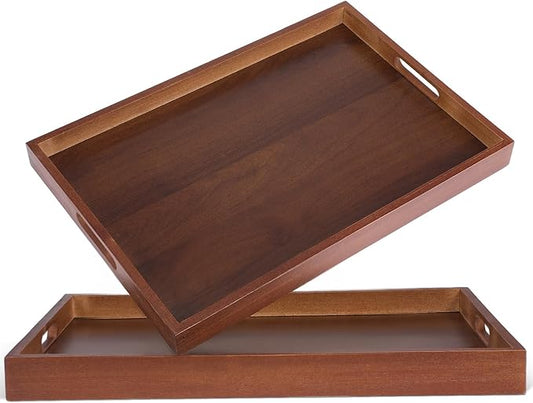 2 Pcs 17 Inch Acacia Wood Serving Trays with Handles, Large Wooden Tray Platter for Ottoman, Breakfast in Bed, Coffee Table, Decorative Rectangular Tray for Living Room Bedroom Kitchen