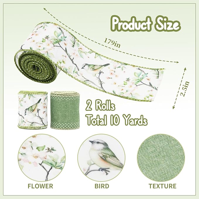 Sage Green Bird Floral Wired Ribbon Set, 2 Rolls 2.5 Inch x 10 Yards Total, Vintage Botanical Bird Ribbon for Wreaths, Bows, Gift Wrapping, Wedding Decor, Spring Summer Crafts