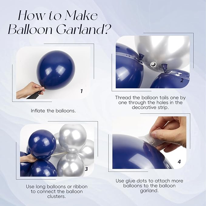 147pcs Navy Blue and Silver Balloon Garland Arch Kit, 18 12 10 5 inch Royal Blue Metallic Silver White Balloons for Birthday Baby Shower Bachelorette Wedding Graduation Party Decorations