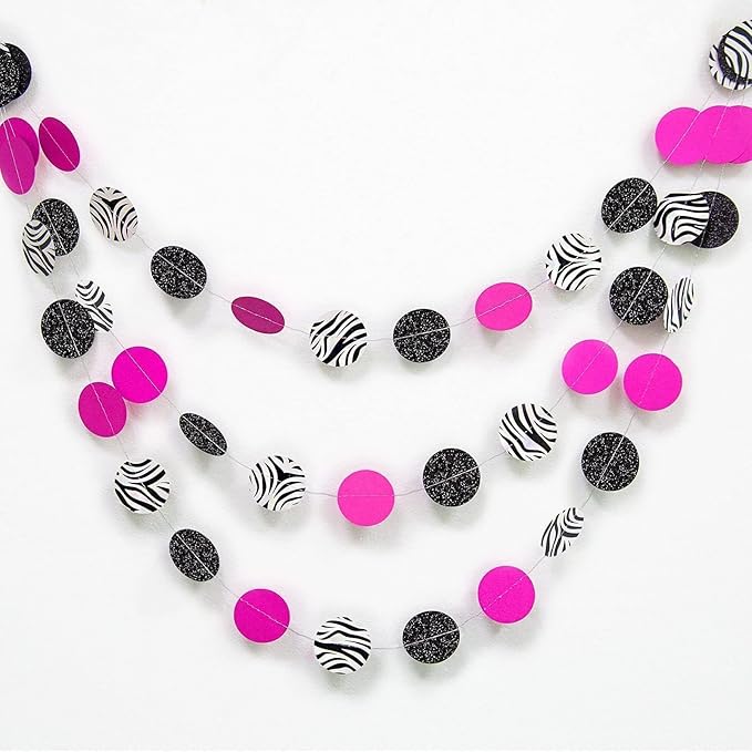 Cheerland Zebra Party Decoration Zebra Print Circle Garland Hot Pink Black Birthday Decor for Bridal Weddings Baby Shower Engagements Summer Animal Print Jungle Party Supplies 4pcs