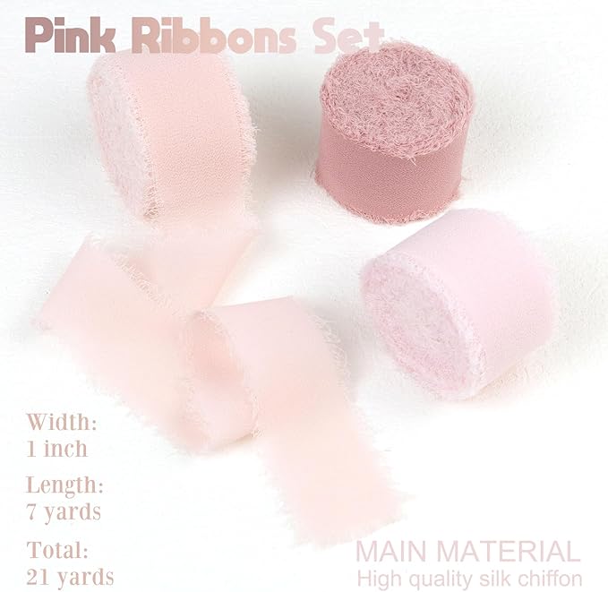 Pink Chiffon Ribbon 1 Inch x 21Yds Handmade Fringe Chiffon Silk Ribbon Dusty Rose/Blush/Pink Frayed Chiffon Ribbon for Wedding Invitation Flower Bouquets Gift Wrapping Bridal Shower Baby Shower